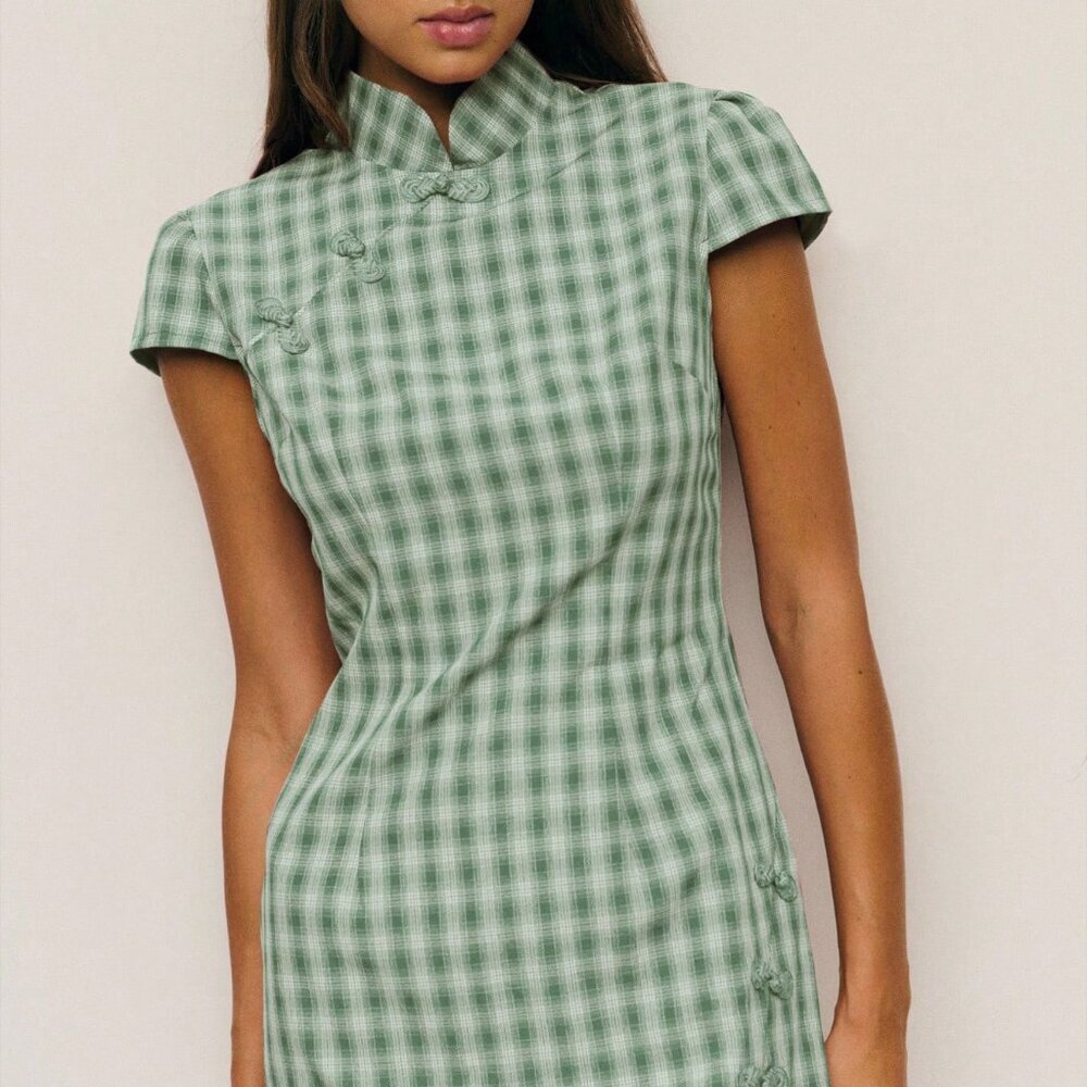 Aqua Green Casual Women's Neo-Chinese Cheongsam Break Dress - Picture 6 of 8